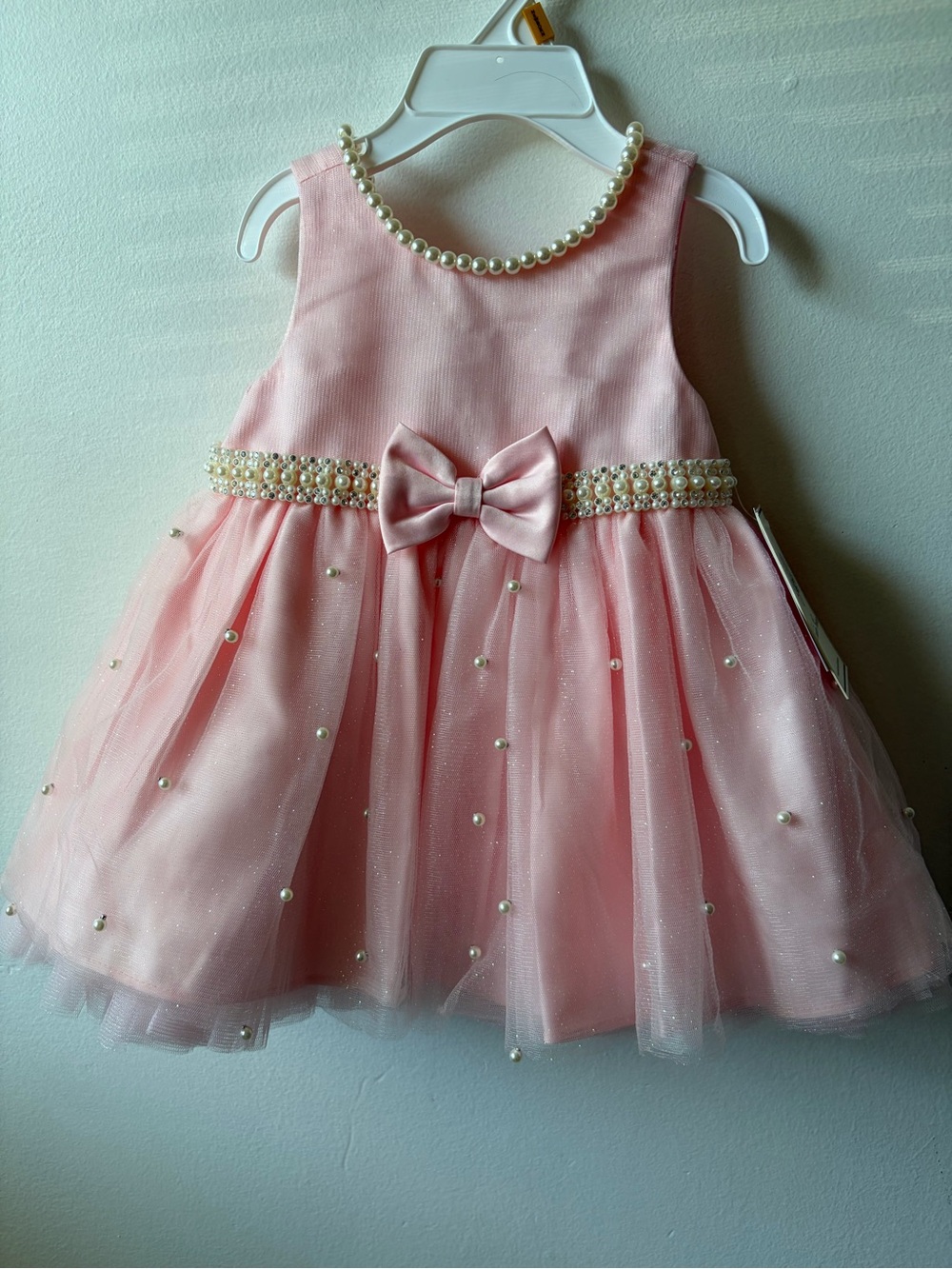 Couture Princess Pearl-Embellished Pink Bow Tulle Dress for Girls